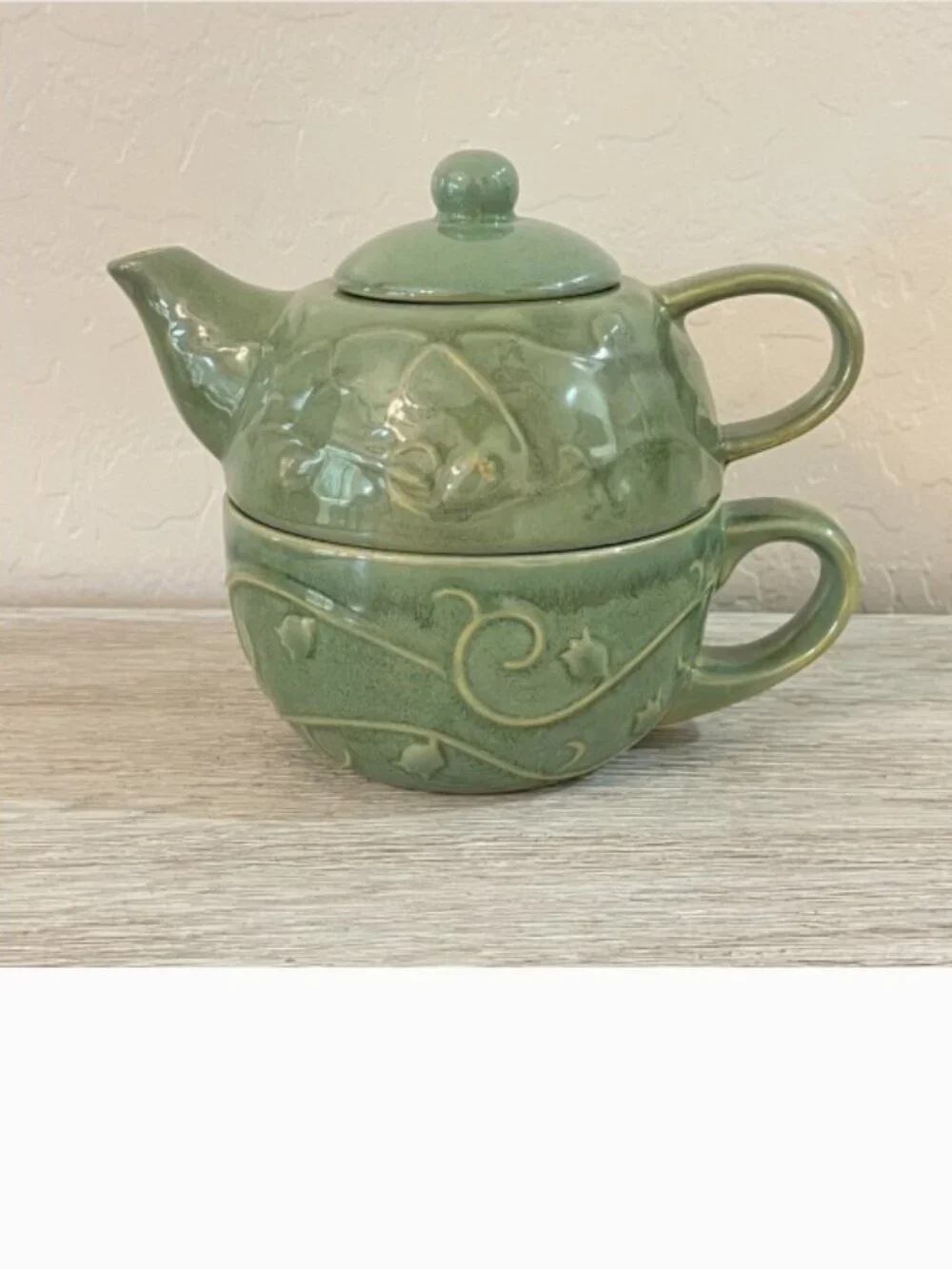 New Pier 1 Teapot Cup Mug 3 Pc Set Green Vine Flower Leaf Stoneware All In One